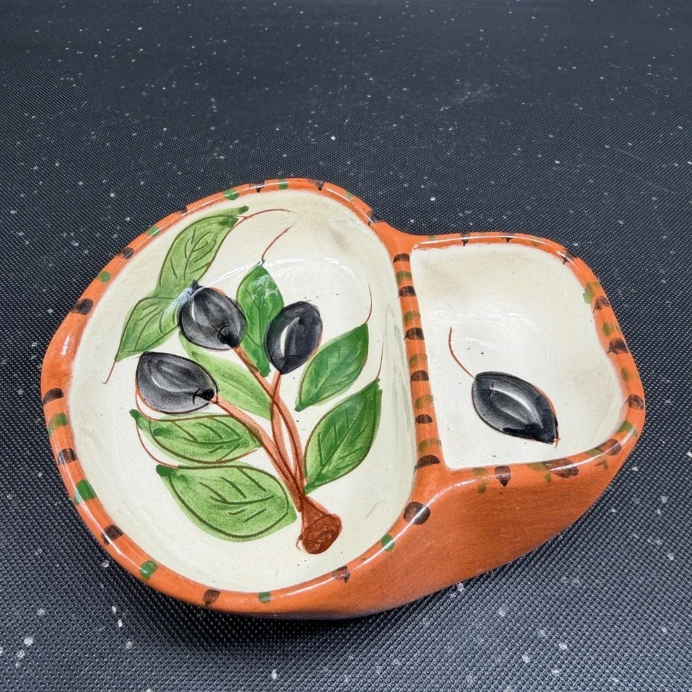 Olaria Oliverio Dourado Portugal Hand Painted Ceramic Olive Divided Serving Dish